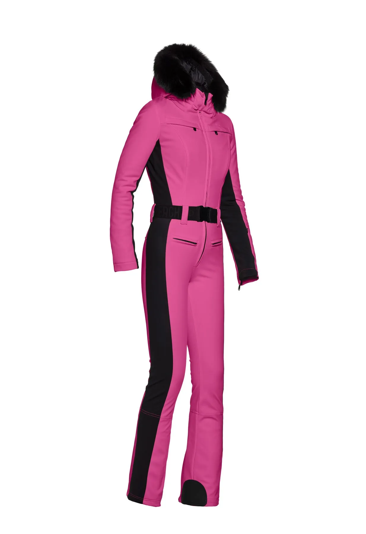 Goldbergh Parry One Piece Longer Length Ski Suit in Pony Pink with Fur Hood