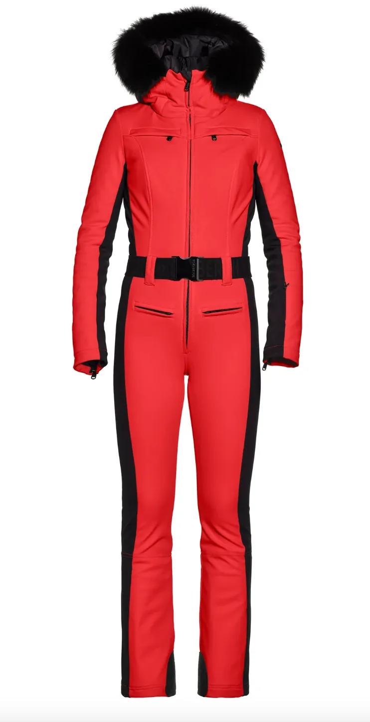 Goldbergh Parry One Piece Ski Suit in Flame Red with Fur Hood